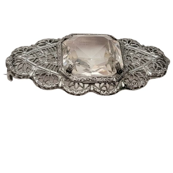 Silver Tone Rhodium Plated Art Deco Clear Rhinestone Filigree Brooch Pin E199 - Picture 3 of 9